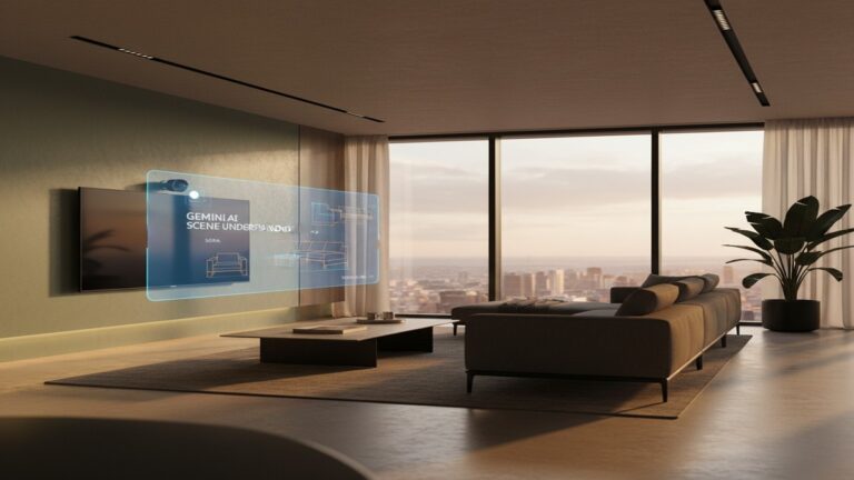 Gemini smart home automation camera system in a modern living room with ambient AI features